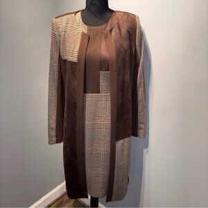 Calvin Klein 2Pc Brown & Plaid Faux Suede Dress,  Matching Duster Sz8 NWT Career